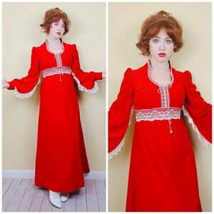 1970s Vintage Velour Red Poet Sleeve Dress / 70s Lace Romantic Maxi / Small